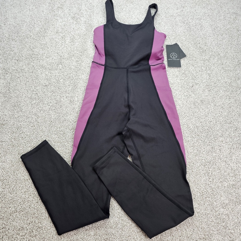 NWT Move Theology Womens Black/Purple Colorblock Bodysuit w/ Built In Bra XSmall
